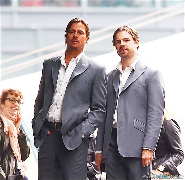 Brad Pitt and his stunt double filming a scene of the movie 'The Counselor' on location in London. The story is about a lawyer finds himself in over his head when he gets involved in drug trafficking. Directed by Ridley Scott London, England - 04.08.12 Featuring: Brad Pitt and his stunt double Where: London, United Kingdom When: 04 Aug 2012 Credit: WENN