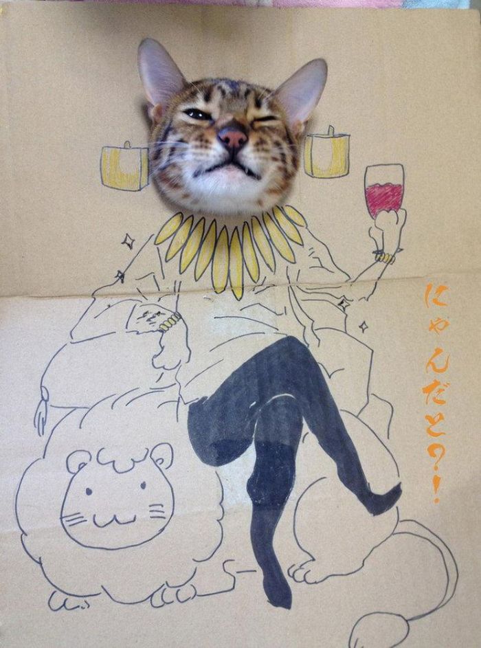 Brincadeira na internet dá aos gatos corpo fictício desenhado em papelão (20 fotos) 5