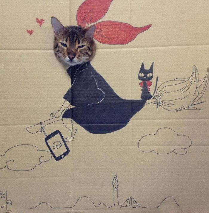 Brincadeira na internet dá aos gatos corpo fictício desenhado em papelão (20 fotos) 16