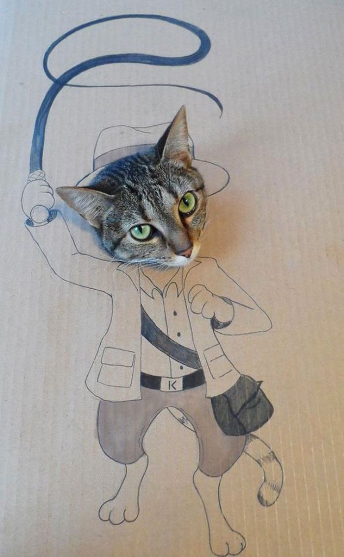 Brincadeira na internet dá aos gatos corpo fictício desenhado em papelão (20 fotos) 20