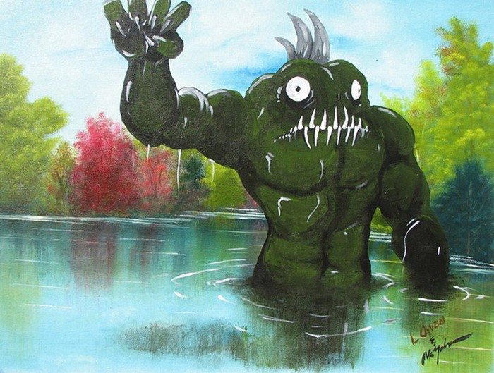 Este artista adiciona monstros às pinturas de brechós, e é hilário (21 fotos) 5