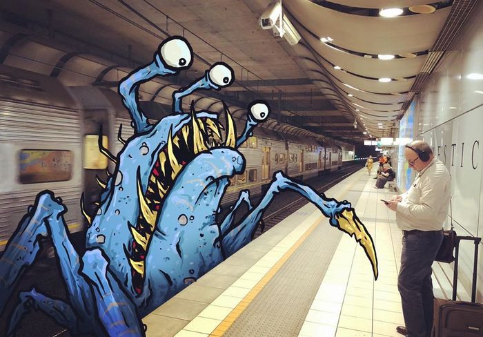 Um ilustrador adiciona monstros engraçados pela cidade 33