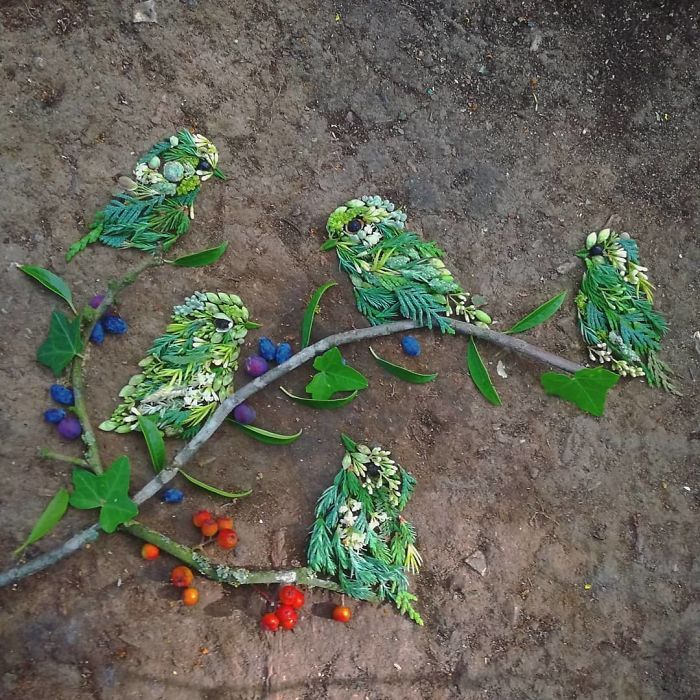 Artista usa coisas que encontra nas florestas para criar lindas mandalas de pássaros 19
