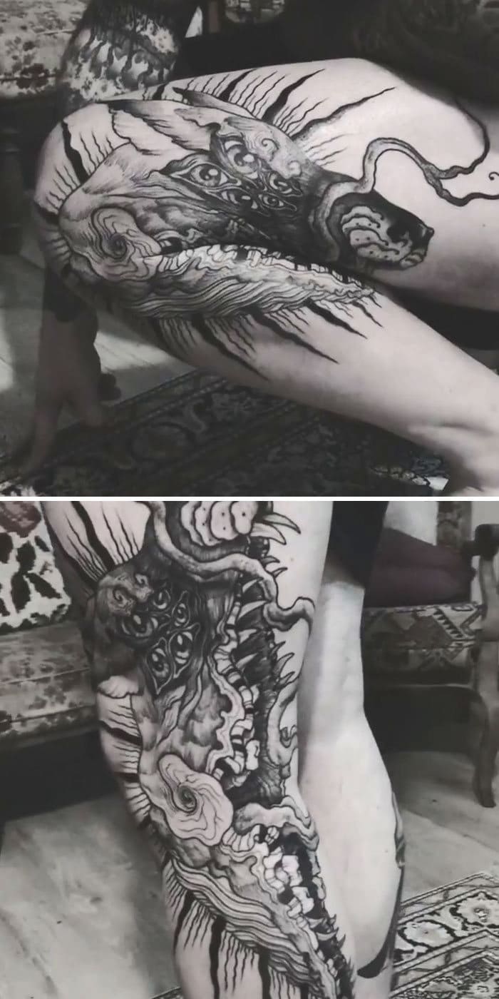 38 tatuagens impressionantes de movimento que se transformam quando as pessoas dobram seus corpos 19