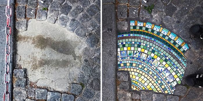 Artista conserta calçadas, buracos e edifícios rachados usando mosaicos vibrantes (30 fotos) 2