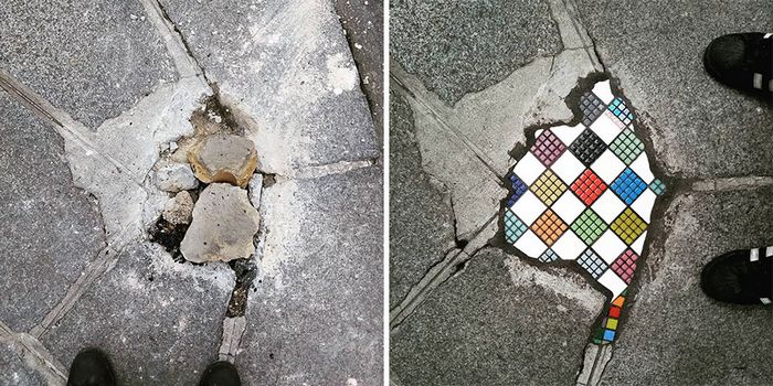 Artista conserta calçadas, buracos e edifícios rachados usando mosaicos vibrantes (30 fotos) 4