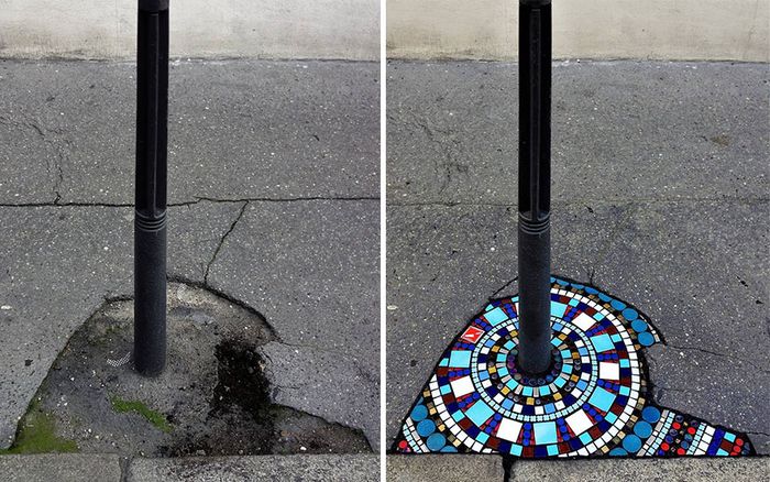 Artista conserta calçadas, buracos e edifícios rachados usando mosaicos vibrantes (30 fotos) 6