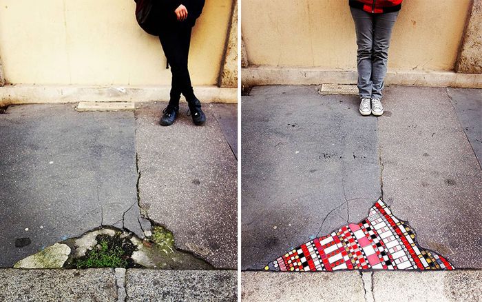 Artista conserta calçadas, buracos e edifícios rachados usando mosaicos vibrantes (30 fotos) 7