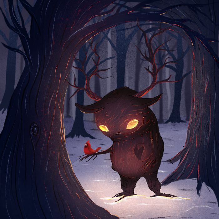 35 ilustrações de lindos monstros e espíritos brilhantes da floresta 24