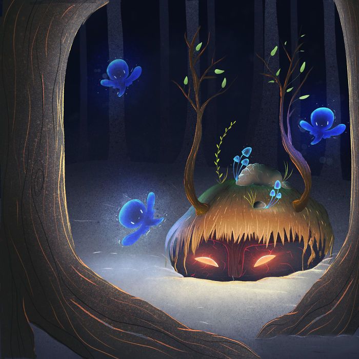 35 ilustrações de lindos monstros e espíritos brilhantes da floresta 33