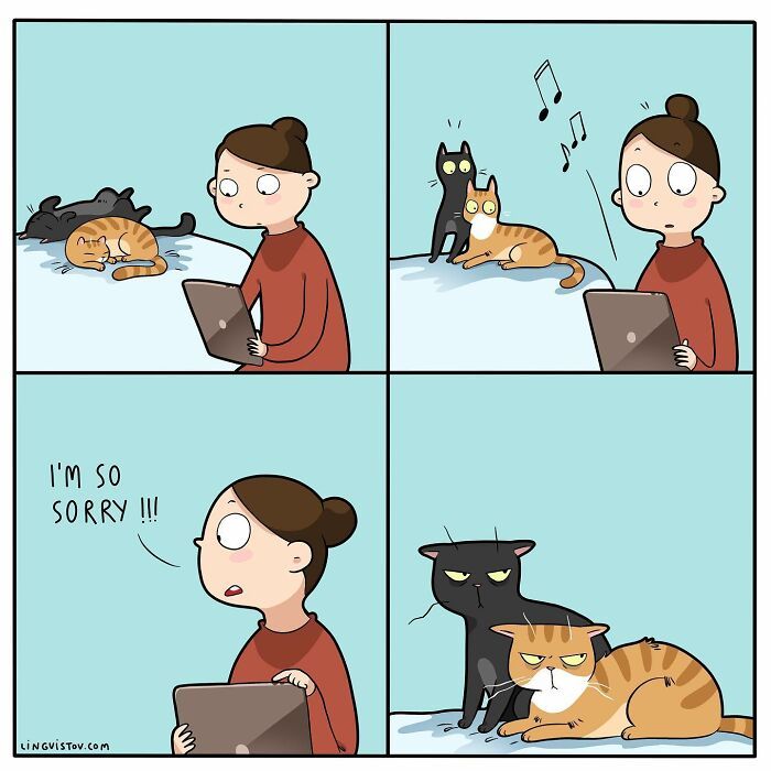 40 quadrinhos divertidos de Lingvistov mostrando como é realmente viver com um gato 17