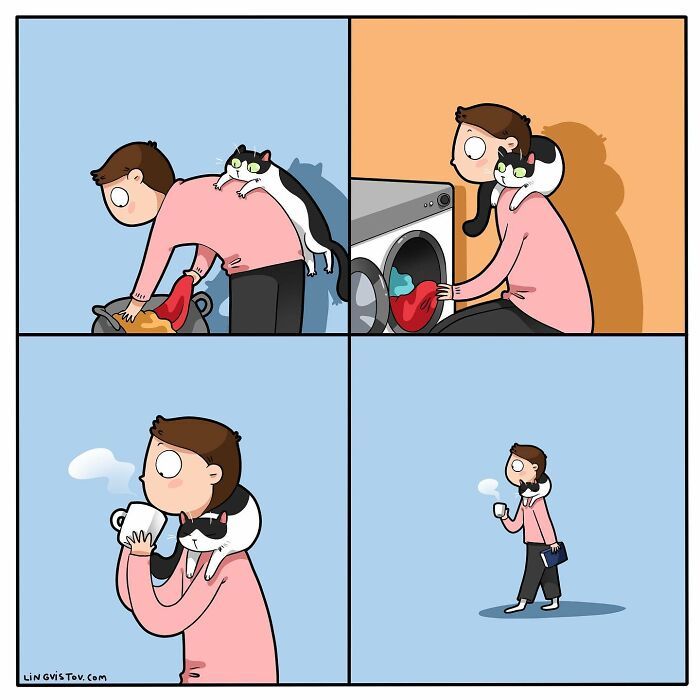 40 quadrinhos divertidos de Lingvistov mostrando como é realmente viver com um gato 35