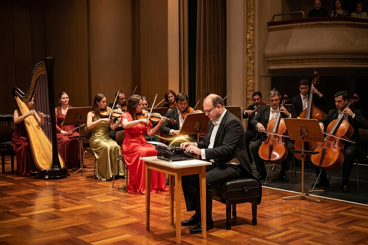 Datilografando em plena orquestra: a performance inacreditável que transformou um objeto de escritório em gênio da música Datilografando em plena orquestra: a performance inacreditável que transformou um objeto de escritório em gênio da música