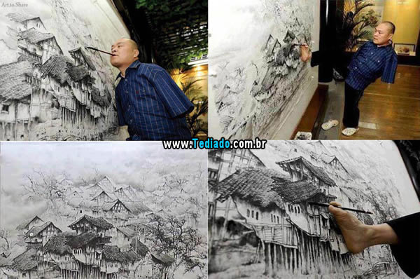 O artista chinês Huang Guofu pinta usando apenas a boca e os pés 5