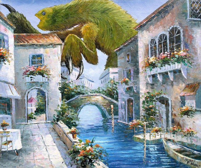 Este artista adiciona monstros às pinturas de brechós, e é hilário (21 fotos) 13