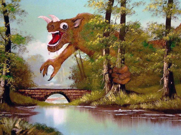 Este artista adiciona monstros às pinturas de brechós, e é hilário (21 fotos) 20