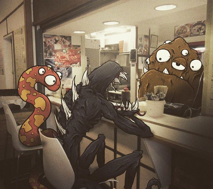 Um ilustrador adiciona monstros engraçados pela cidade 16