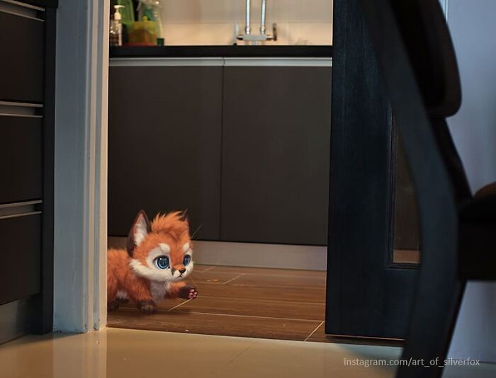 Artista coloca animais peludos digitais em situações da vida real em cenários do dia a dia 8