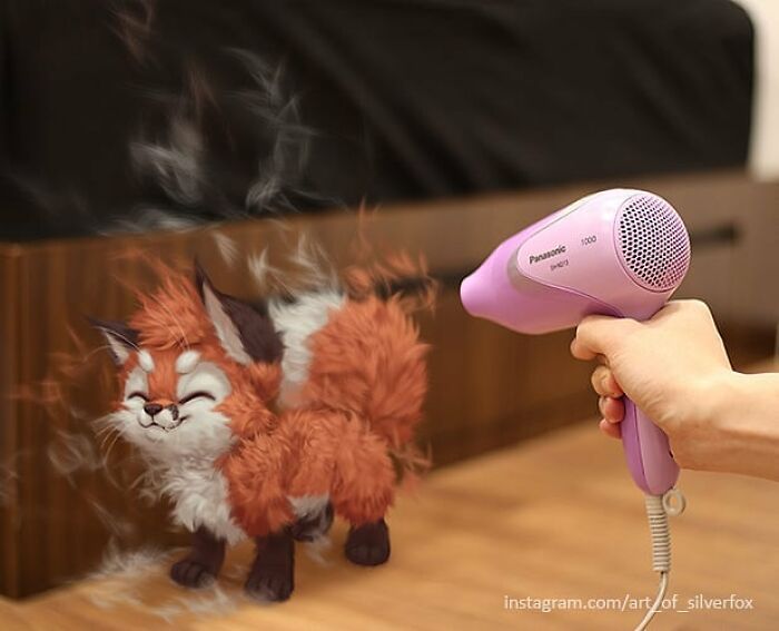 Artista coloca animais peludos digitais em situações da vida real em cenários do dia a dia 12