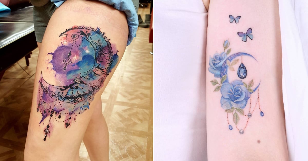 14 ideias encantadoras de tatuagem de lua em aquarela: Arte e magia na pele