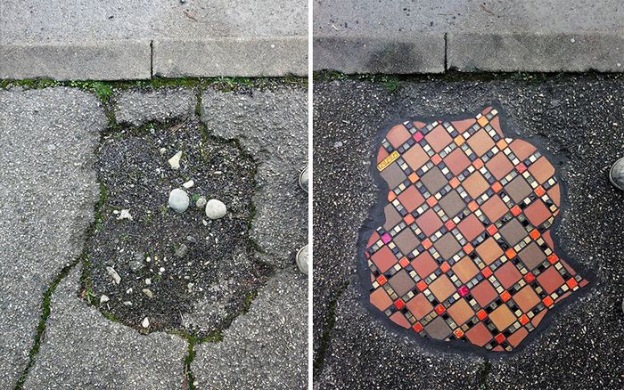 Artista conserta calçadas, buracos e edifícios rachados usando mosaicos vibrantes (30 fotos) 10