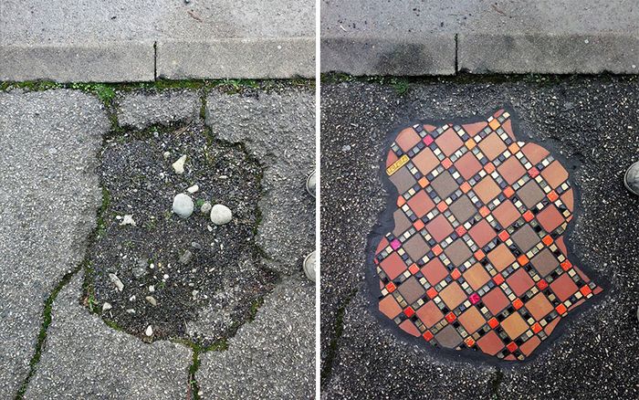 Artista conserta calçadas, buracos e edifícios rachados usando mosaicos vibrantes (30 fotos) 9