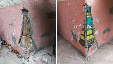 Artista conserta calçadas, buracos e edifícios rachados usando mosaicos vibrantes (30 fotos) 30
