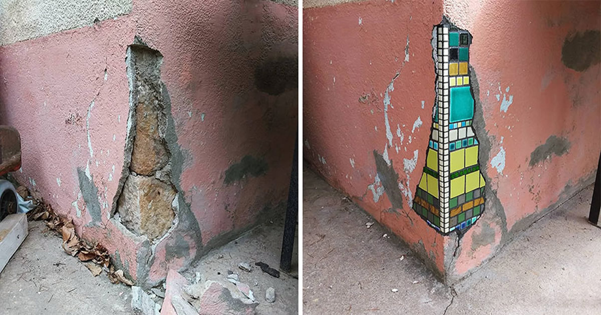 Artista conserta calçadas, buracos e edifícios rachados usando mosaicos vibrantes (30 fotos)