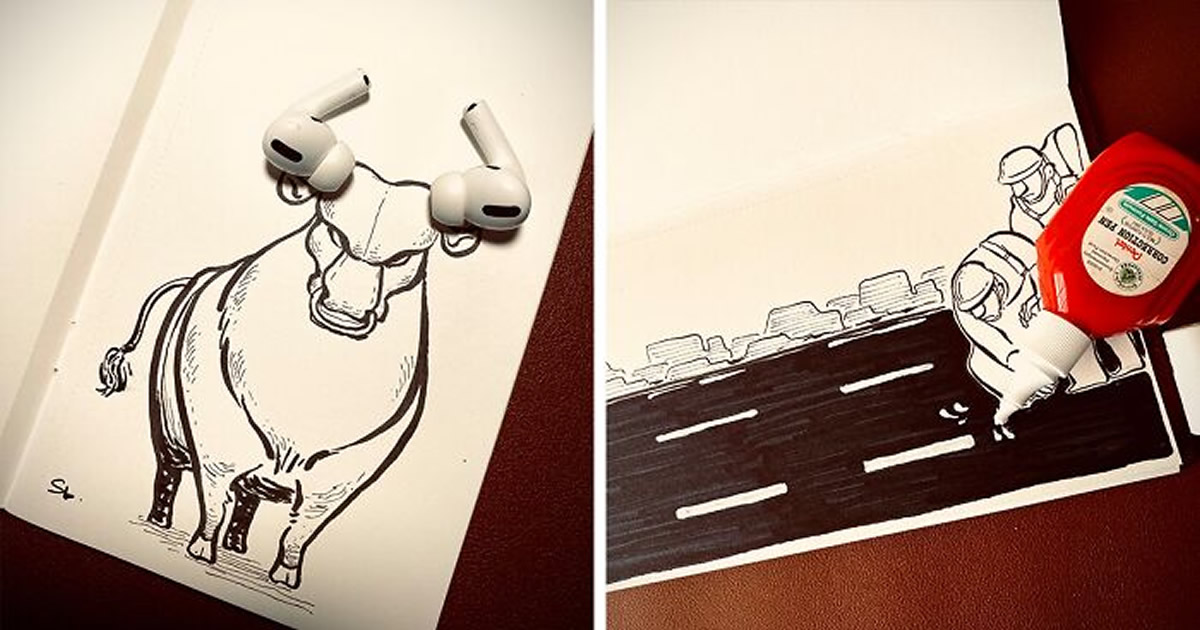 36 ilustrações que interagem com objetos do dia a dia