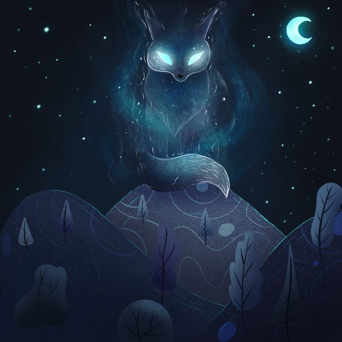 35 ilustrações de lindos monstros e espíritos brilhantes da floresta 25