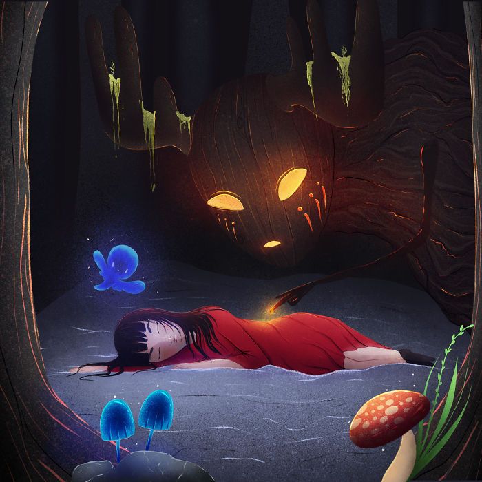 35 ilustrações de lindos monstros e espíritos brilhantes da floresta 32