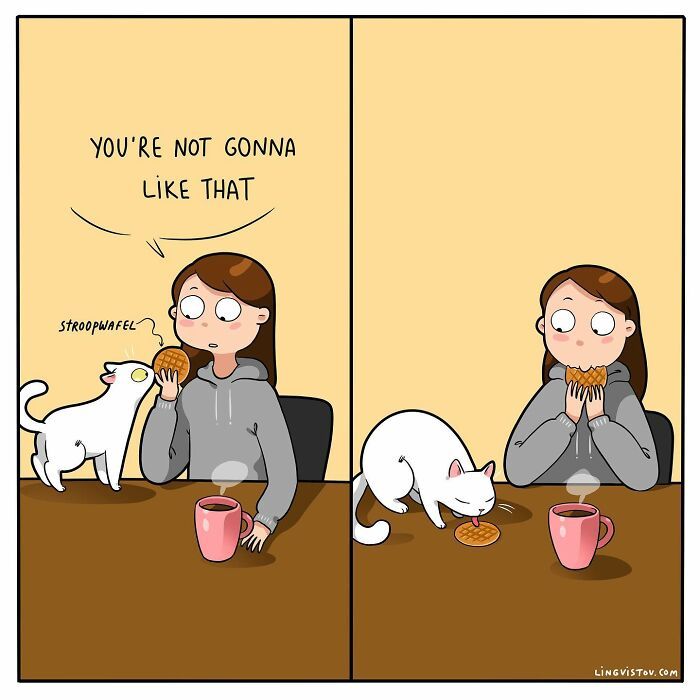 40 quadrinhos divertidos de Lingvistov mostrando como é realmente viver com um gato 40