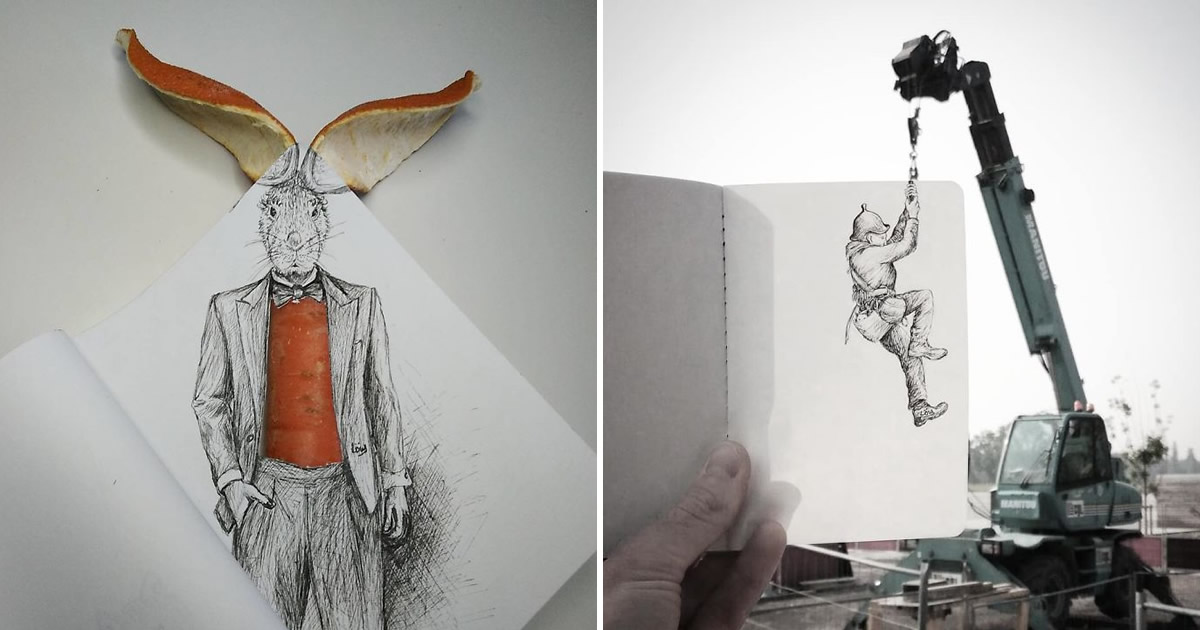 Artista completa coisas que encontra na rua com seus desenhos (31 fotos)
