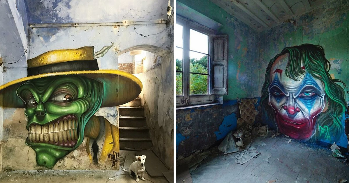 Artista de rua faz caricaturas assustadoras de personagens populares em lugares abandonados (42 fotos)