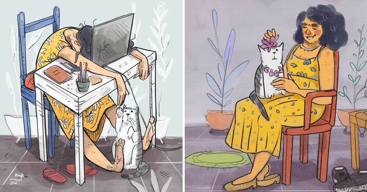 16 ilustrações sobre a vida na quarentena com um gato