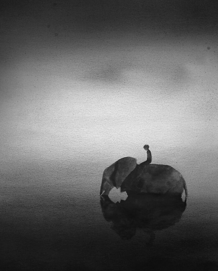 Arte encantadora de Elicia Edijanto: Aquarelas em preto e branco que capturam a inocência e a natureza 3