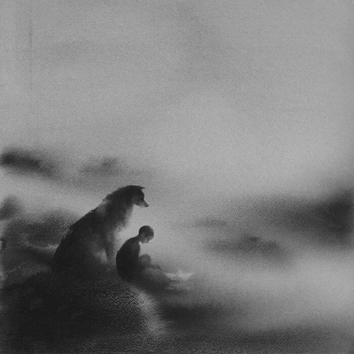 Arte encantadora de Elicia Edijanto: Aquarelas em preto e branco que capturam a inocência e a natureza 10