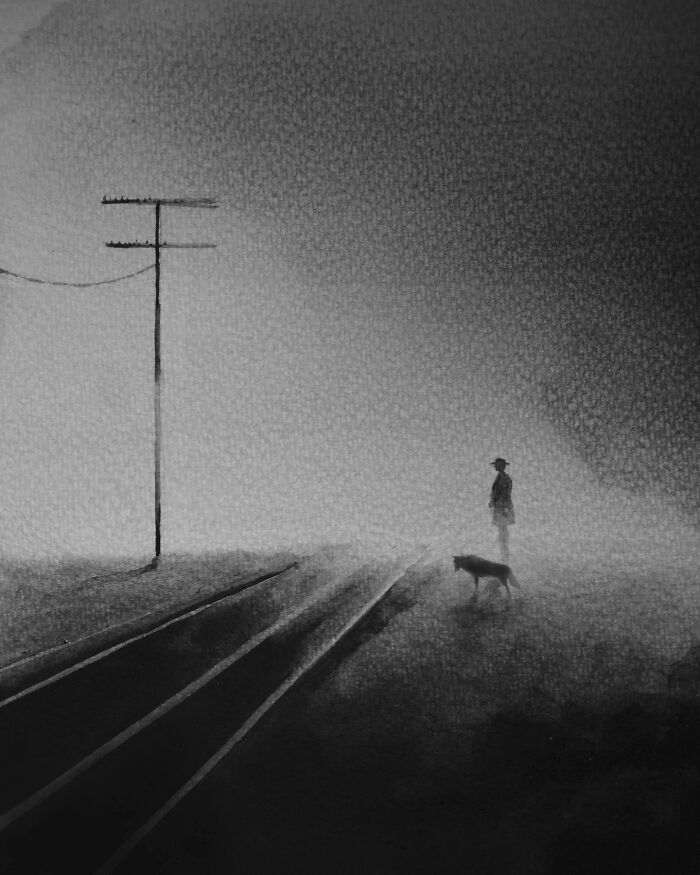 Arte encantadora de Elicia Edijanto: Aquarelas em preto e branco que capturam a inocência e a natureza 11