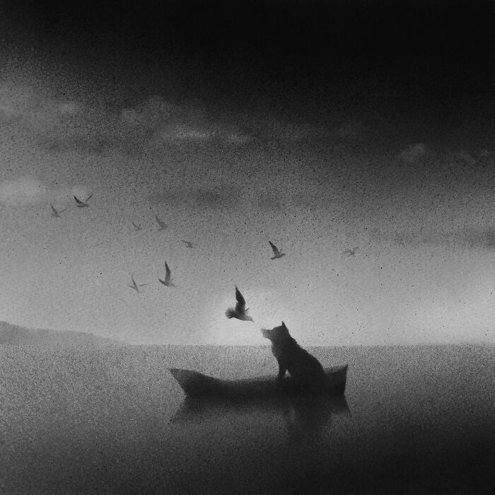 Arte encantadora de Elicia Edijanto: Aquarelas em preto e branco que capturam a inocência e a natureza 15