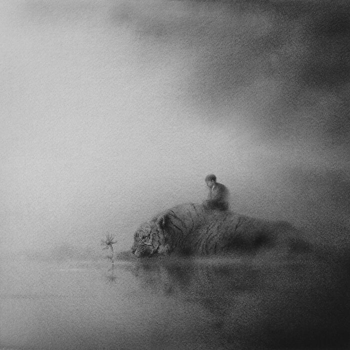 Arte encantadora de Elicia Edijanto: Aquarelas em preto e branco que capturam a inocência e a natureza 17