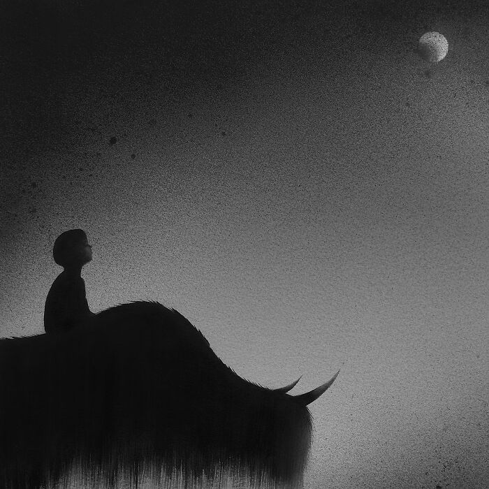 Arte encantadora de Elicia Edijanto: Aquarelas em preto e branco que capturam a inocência e a natureza 18