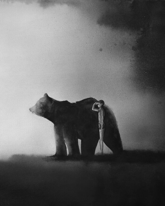 Arte encantadora de Elicia Edijanto: Aquarelas em preto e branco que capturam a inocência e a natureza 21