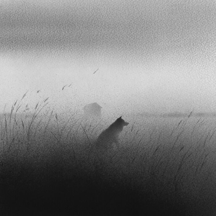 Arte encantadora de Elicia Edijanto: Aquarelas em preto e branco que capturam a inocência e a natureza 30