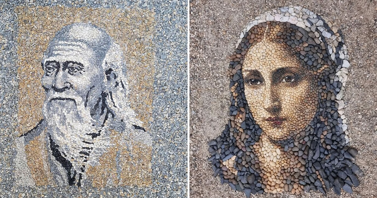 A arte efêmera de Justin Bateman: Mosaicos de pedra que contam histórias (32 fotos)