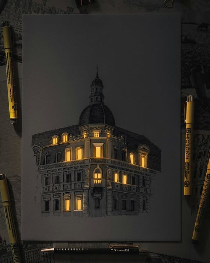 As cidades que brilham de Nikita Busyak: Quando a arquitetura ganha vida no papel (30 fotos) 4