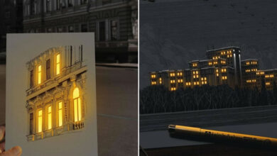 As cidades que brilham de Nikita Busyak: Quando a arquitetura ganha vida no papel (30 fotos) 35