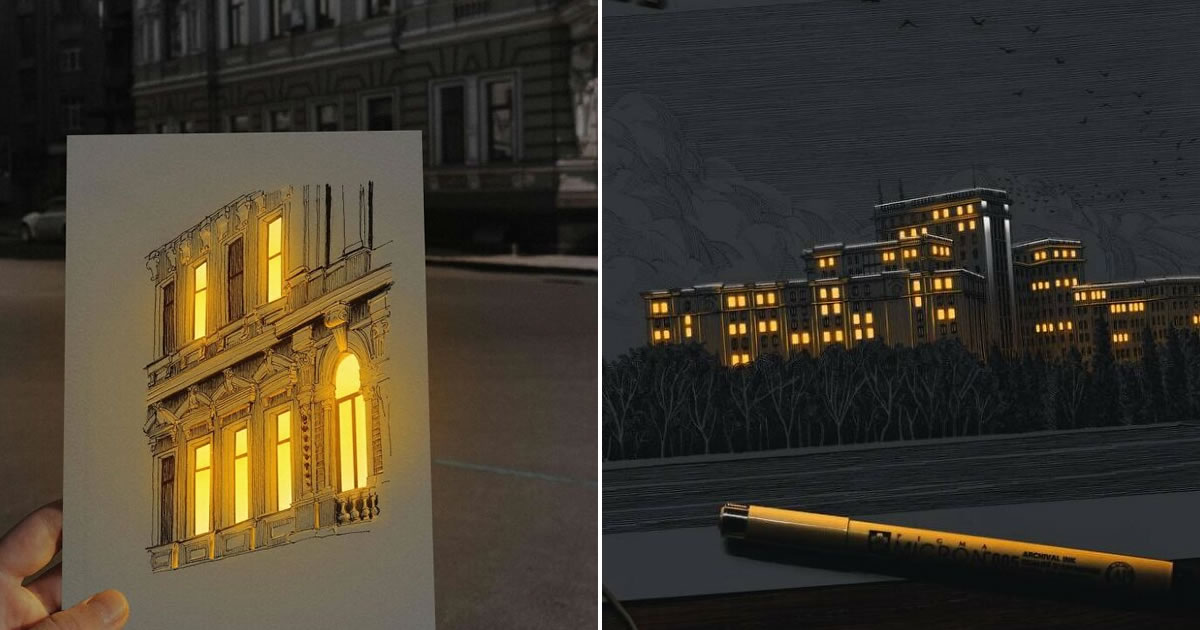 As cidades que brilham de Nikita Busyak: Quando a arquitetura ganha vida no papel (30 fotos)