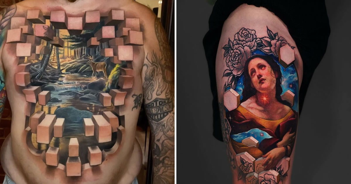 As tatuagens 3D surreais de Jesse Rix: Janelas para outros mundos na pele (32 fotos)