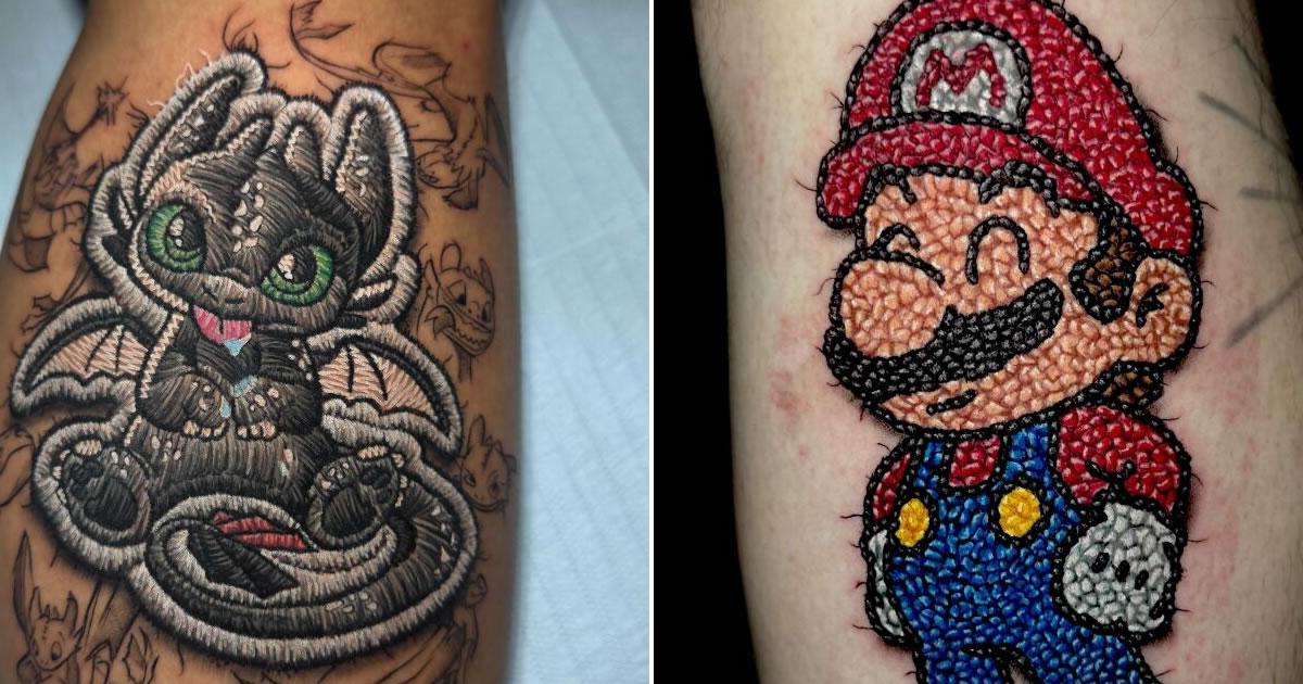 Tatuagens de bordado hiper-realistas criam ilusão impressionante de fios costurados na pele (30 fotos)