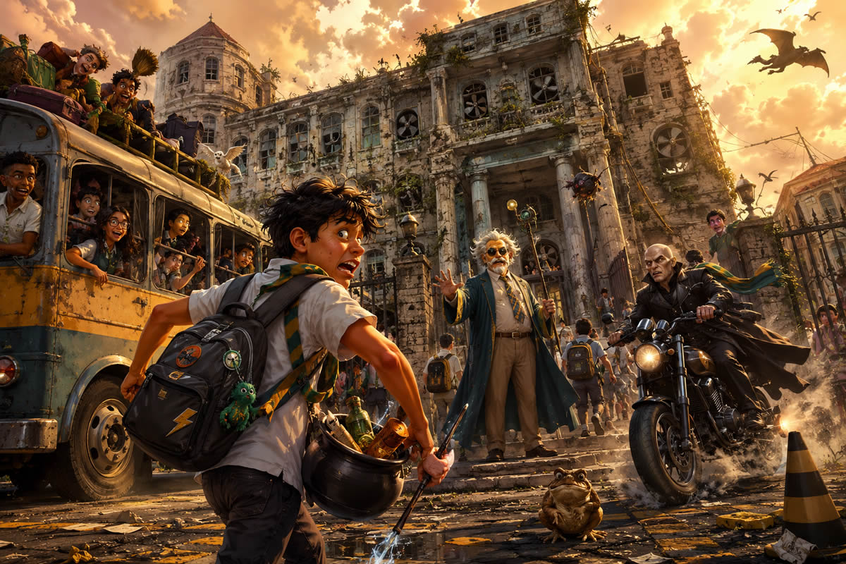 Harry Potter brasileiro: Hogwarts pública, ônibus lotado e Voldemort de moto Harry Potter brasileiro: Hogwarts pública, ônibus lotado e Voldemort de moto